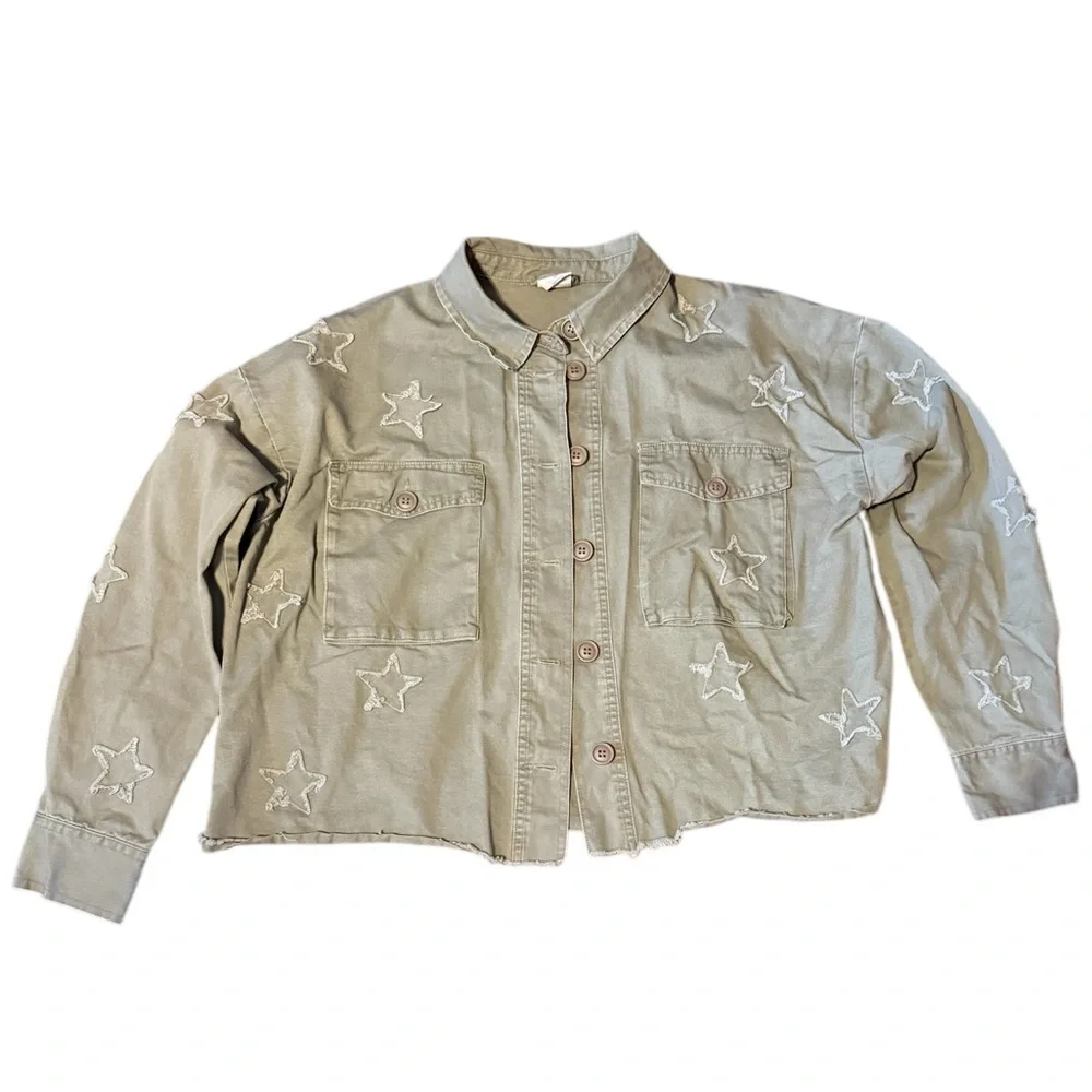 Jacket By together Army Green oversized distressed star patch raw hem Medium - Picture 3 of 6
